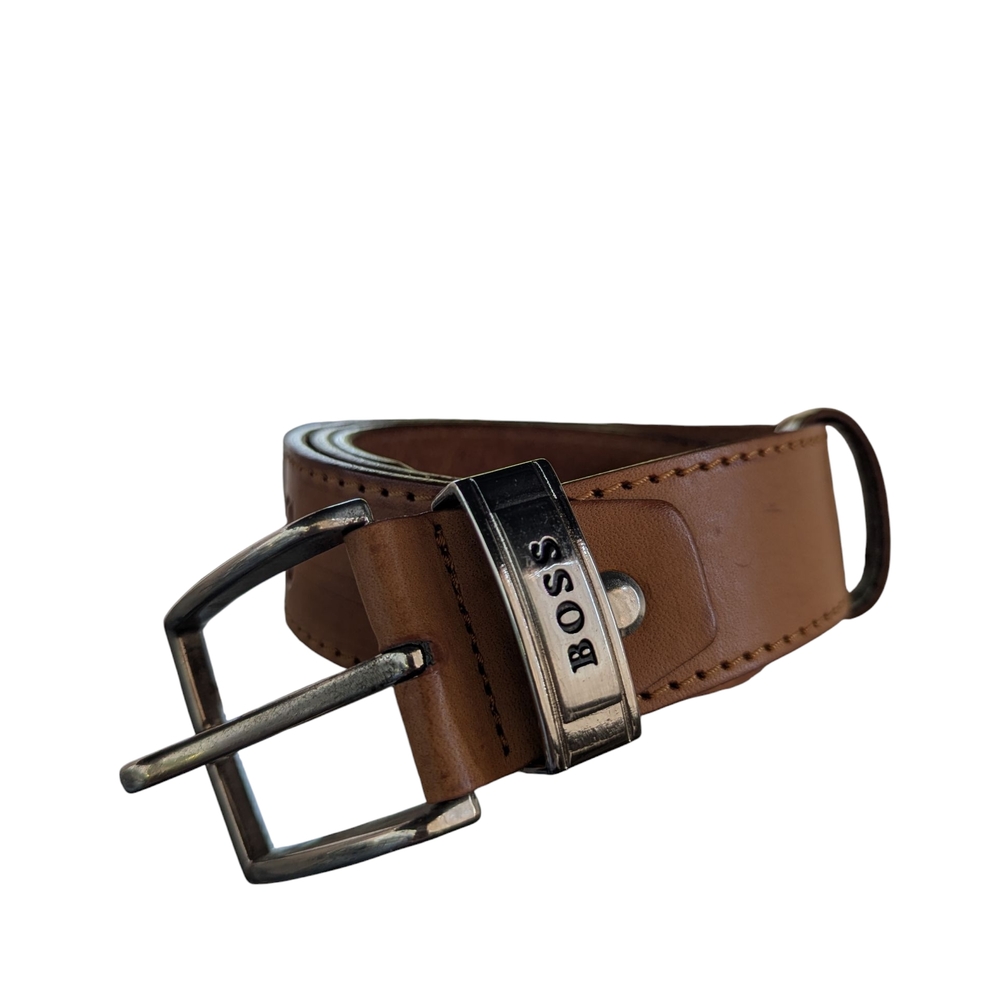 Boss Tan Leather Belt with Silver Buckle